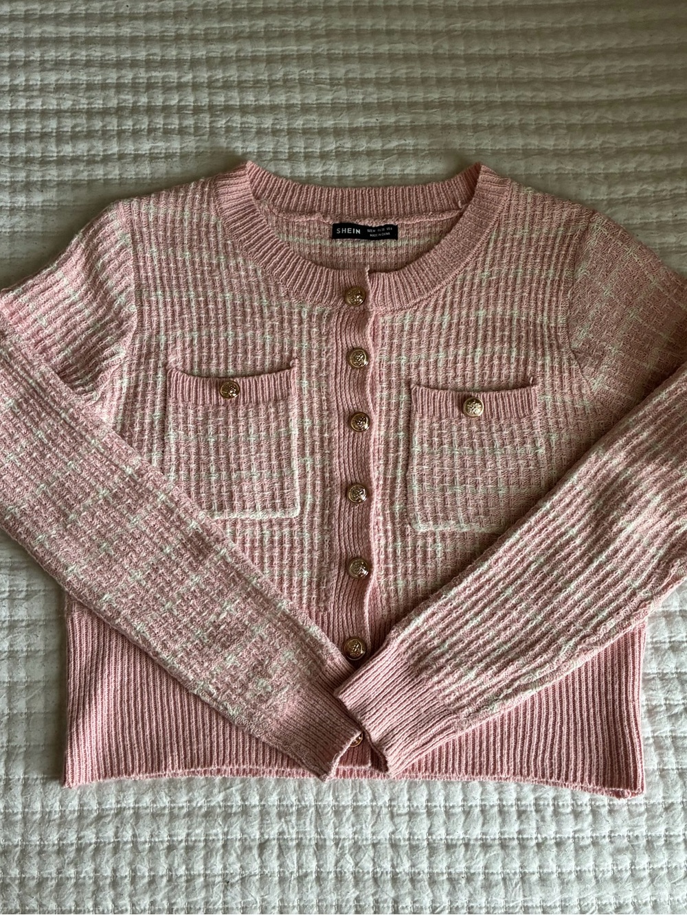 SHEIN Pink Tweed Knit Button Front Cardigan Sweater Gold Buttons Size M